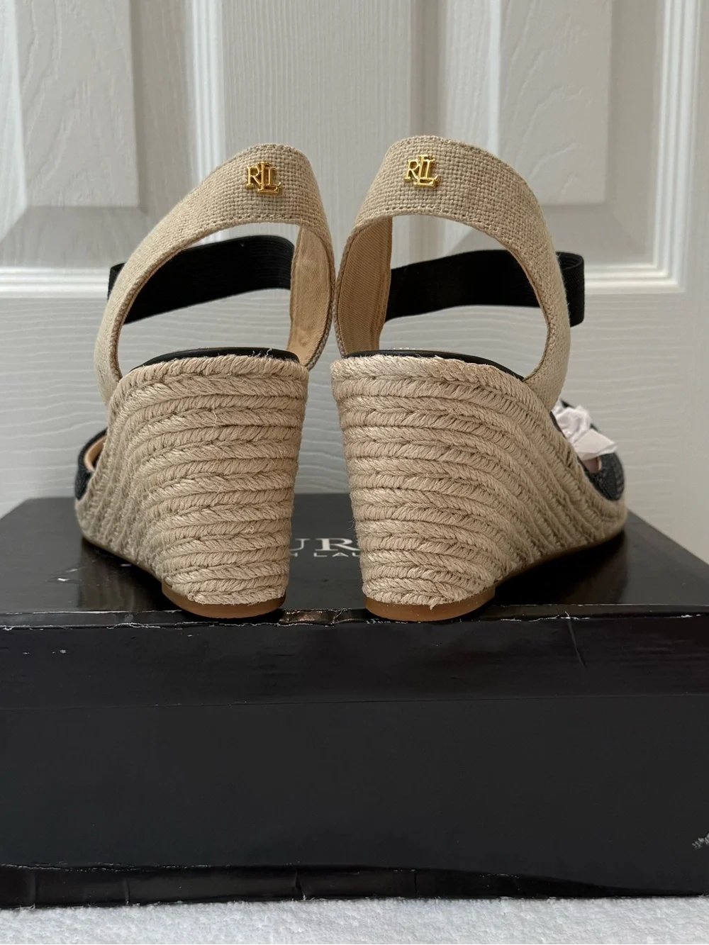 Ralph Lauren Black and Natural Espadrille Wedge Sandals with Ankle Strap